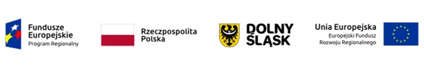 Flaga Polski, flaga Unii Europejskiej Europejskiego Funduszu Rozwoju Regionalnego, herb województwa dolnośląskiego, logotyp funduszu europejskiego program regionalny