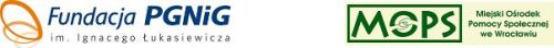 Logo Fundacji Polskiego Górnictwa Naftowego i Gazownictwa imienie Ignacego Łukasiewicza, logo Miejskiego Ośrodka Pomocy Społecznej we Wrocławiu