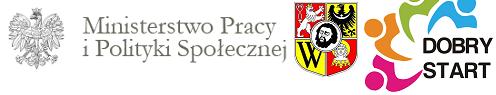 logo Ministerstwa Rodziny, Pracy i Polityki Społecznej, herb Wrocławia, logo programu Dobry start 