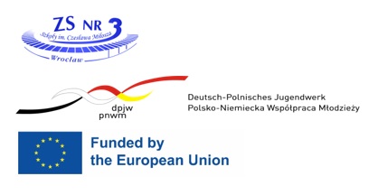 flaga Unii Europejskiej, logo Zespołu Szkół nr 3, logo Fundacji Polsko-Niemiecka Wymiany Młodzieży