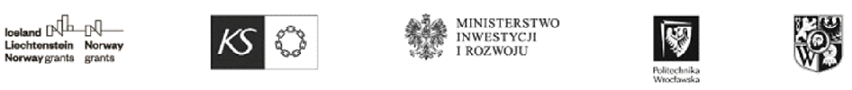 logotyp Funduszy Norweskich, logo Ministerstwa Inwestycji i Rozwoju, logo Politechniki Wrocławskiej, herb Wrocławia