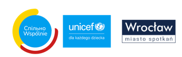 Logo Wrocławia miasta spotkań, logo Unicefu, Logotyp projektu polsko-ukraińskiego Wspólnie