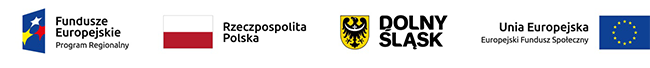Loga instytucji finansujących projekt: europejskiego funduszu rozwoju regionalnego - Fundusze Europejskie - Program Regionalny i Unii Europejskiej - Europejski Fundusz Społeczny, flaga Polski i herb Dolnego Śląska