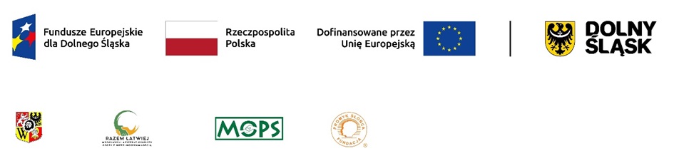 loga instytucji finansujących projekt: Fundusze Europejskie dla Dolnego Śląskap, flaga Polski, flaga Unii Europejskiej i herb Dolnego Śląska, Herb Wrocławia, logo programu Razem Łatwiej, logo MOPS. Logo fundacji Promyk Słońca