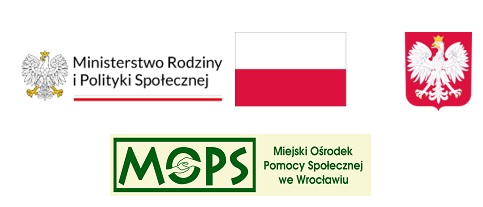 loga instytucji finansujących,  środków Ministerstwa Rodziny i Polityki Społecznej , MOPS Wrocław, flaga i godło Polski