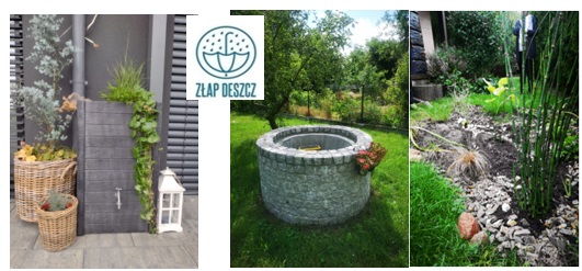 przykładowe realizacje, zbiorniki do łapania deszczówki oraz logo programu Złap deszcz