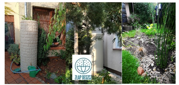 przykładowe realizacje, zbiorniki do łapania deszczówki oraz logo programu Złap deszcz