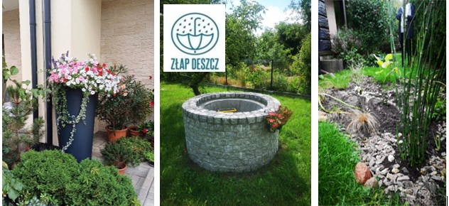 przykładowe realizacje, zbiorniki do łapania deszczówki oraz logo programu Złap deszcz